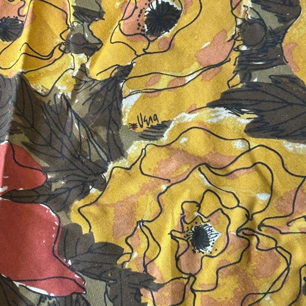Vintage Vera Neumann Tablecloth Round Floral Orange Yellow Mid Century 1970s